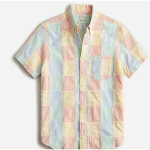 J. Crew Seersucker Organic Cotton Multicolor Button Up Preppy Hamptons sz L